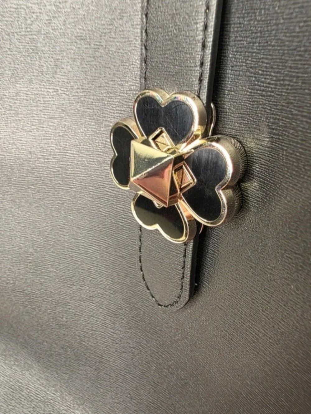 Kate Spade Black Leather Tote Bag Pink Interior Spade Flower Twist Lock